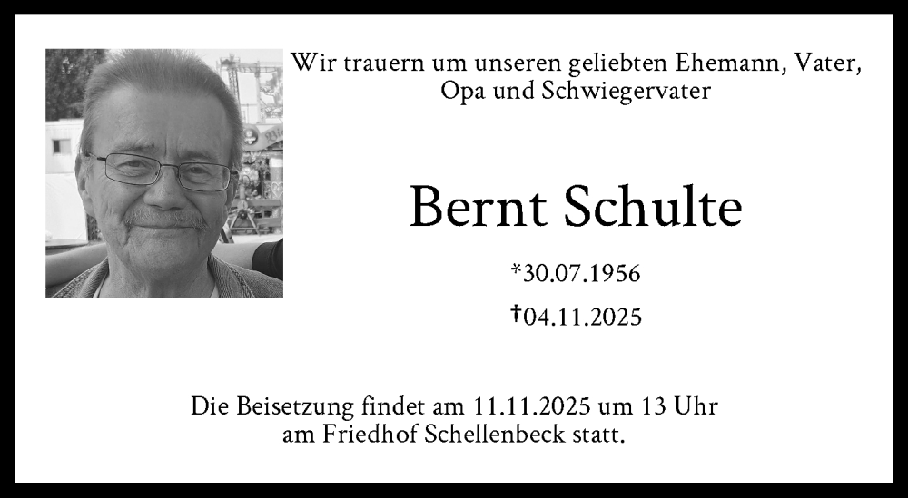  Traueranzeige für Bernt Schulte vom 08.11.2025 aus trauer.wuppertaler-rundschau.de