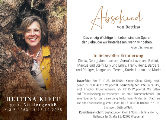 Traueranzeige von Bettina Kleff von trauer.wuppertaler-rundschau.de