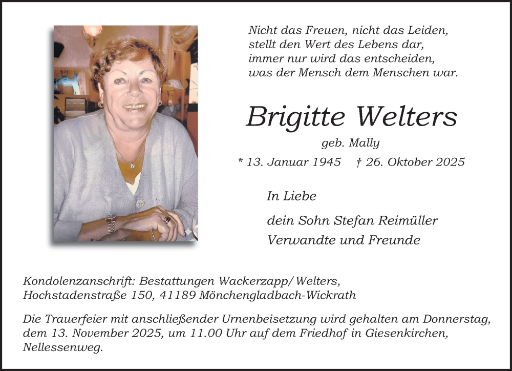  Traueranzeige für Brigitte Welters vom 09.11.2025 aus trauer.panorama-anzeigenblatt.de