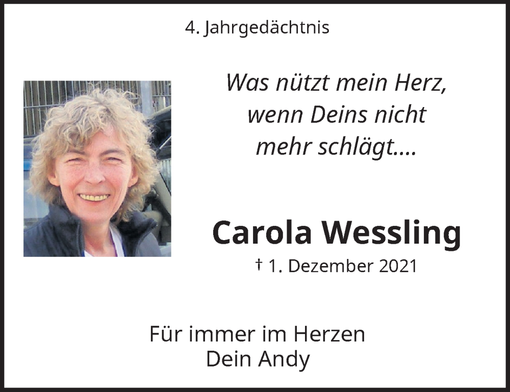  Traueranzeige für Carola Wessling vom 29.11.2025 aus trauer.wuppertaler-rundschau.de