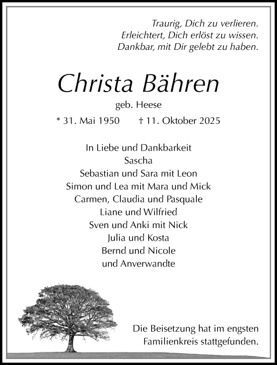 Traueranzeige von Christa Bähren von trauer.panorama-anzeigenblatt.de