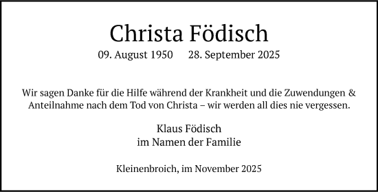 Traueranzeige von Christa Födisch von trauer.panorama-anzeigenblatt.de