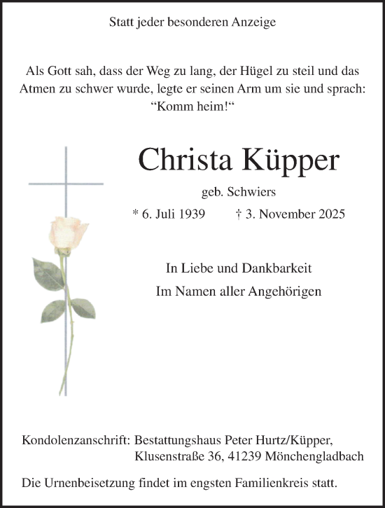 Traueranzeige von Christa Küpper von trauer.panorama-anzeigenblatt.de