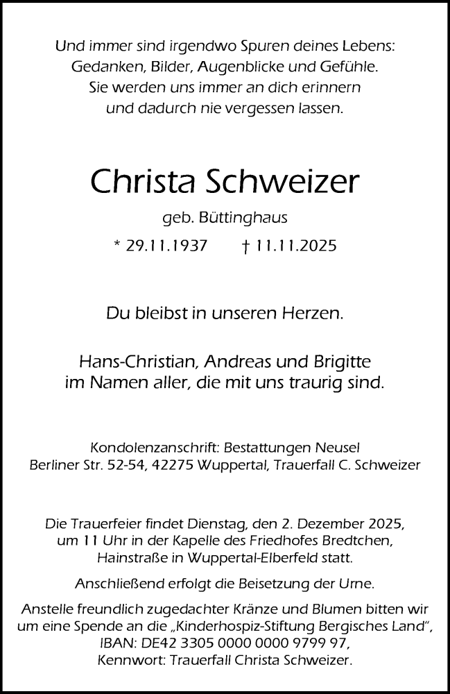  Traueranzeige für Christa Schweizer vom 22.11.2025 aus trauer.wuppertaler-rundschau.de