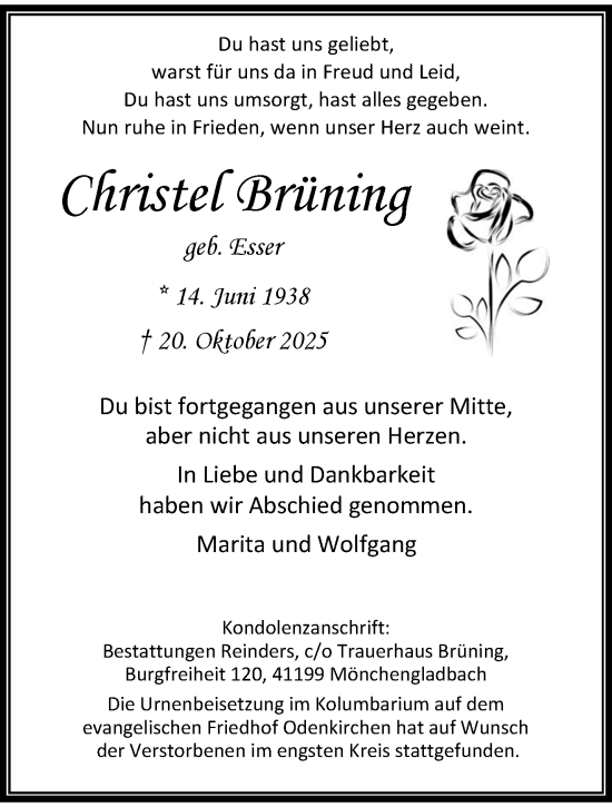 Traueranzeige von Christel Brüning von trauer.panorama-anzeigenblatt.de