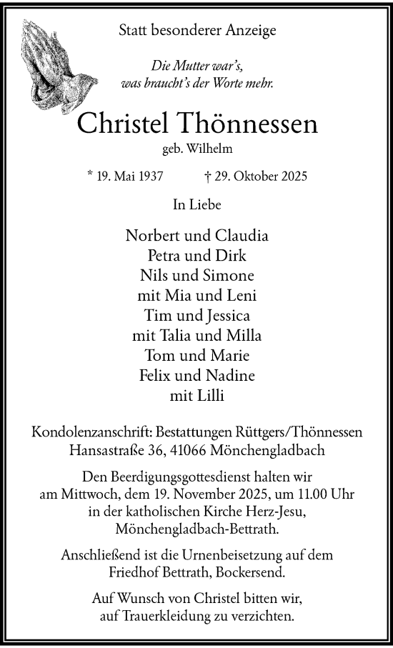 Traueranzeige von Christel Thönnessen von trauer.panorama-anzeigenblatt.de