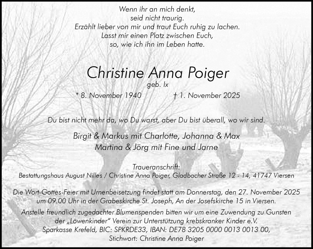  Traueranzeige für Christine Anna Poiger vom 16.11.2025 aus trauer.panorama-anzeigenblatt.de