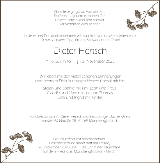 Traueranzeige von Dieter Hensch von trauer.panorama-anzeigenblatt.de