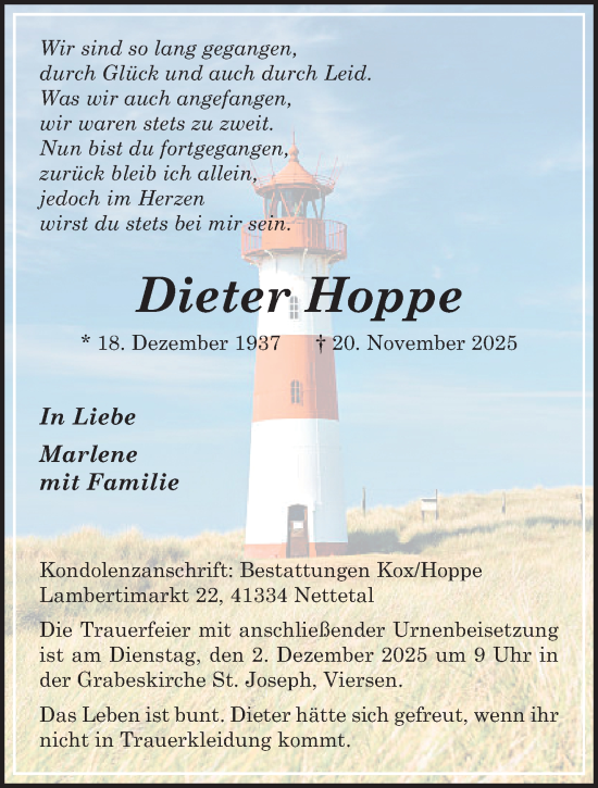Traueranzeige von Dieter Hoppe von trauer.panorama-anzeigenblatt.de