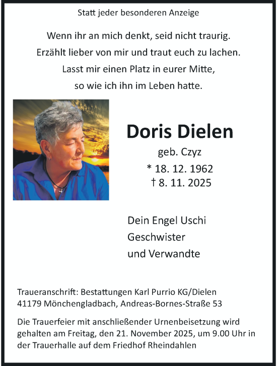Traueranzeige von Doris Dielen von trauer.panorama-anzeigenblatt.de