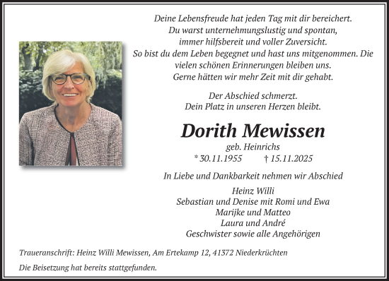 Traueranzeige von Dorith Mewissen von trauer.panorama-anzeigenblatt.de