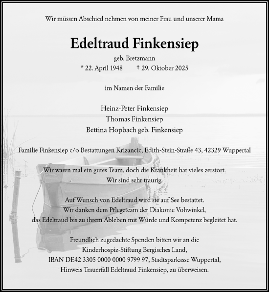 Traueranzeige von Edeltraud Finkensiep von trauer.wuppertaler-rundschau.de