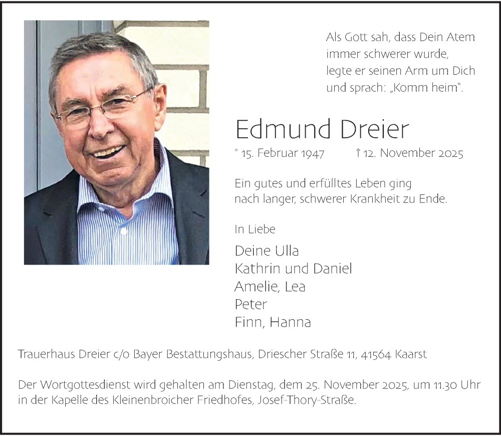  Traueranzeige für Edmund Dreier vom 23.11.2025 aus trauer.panorama-anzeigenblatt.de