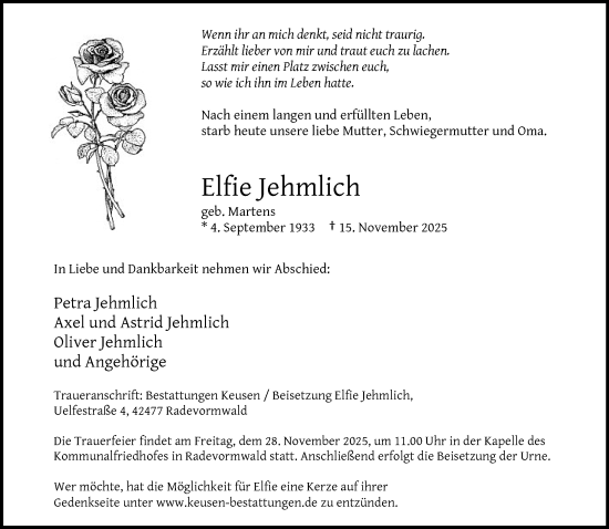 Traueranzeige von Elfie Jehmlich von trauer.wuppertaler-rundschau.de