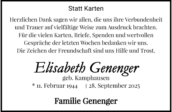 Traueranzeige von Elisabeth Genenger von trauer.panorama-anzeigenblatt.de