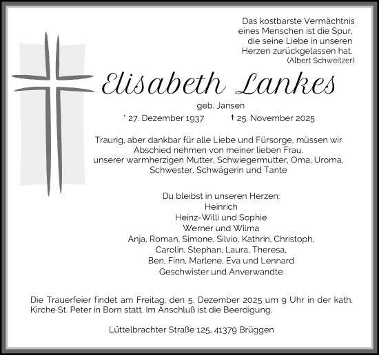 Traueranzeige von Elisabeth Lankes von trauer.panorama-anzeigenblatt.de