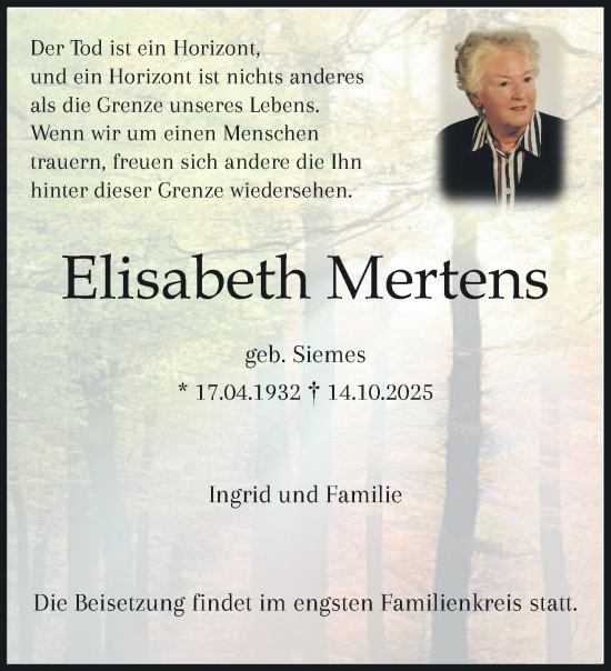 Traueranzeige von Elisabeth Mertens von trauer.panorama-anzeigenblatt.de