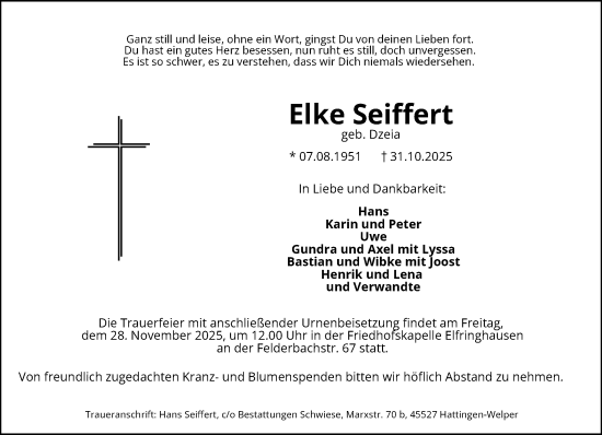 Traueranzeige von Elke Seiffert von trauer.wuppertaler-rundschau.de