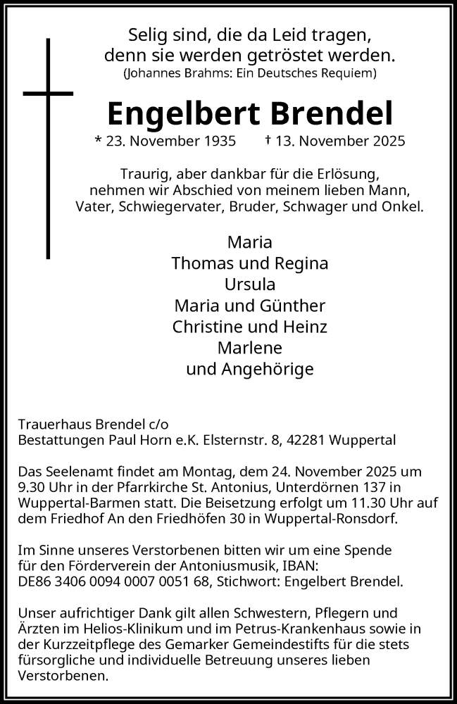  Traueranzeige für Engelbert Brendel vom 22.11.2025 aus trauer.wuppertaler-rundschau.de