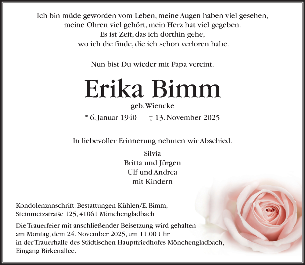  Traueranzeige für Erika Bimm vom 23.11.2025 aus trauer.panorama-anzeigenblatt.de