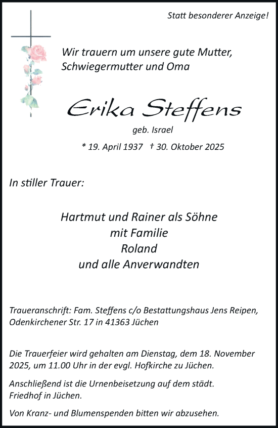 Traueranzeige von Erika Steffens von trauer.stadt-kurier.de