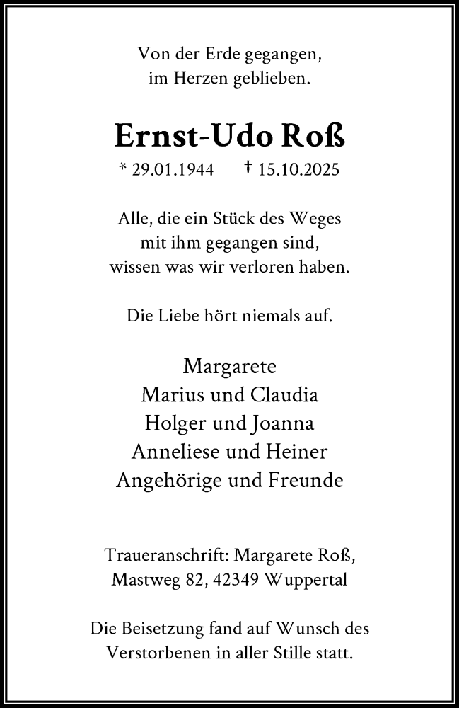  Traueranzeige für Ernst-Udo Roß vom 15.11.2025 aus trauer.wuppertaler-rundschau.de