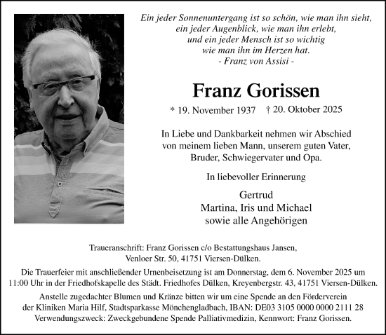 Traueranzeige von Franz Gorissen von trauer.panorama-anzeigenblatt.de