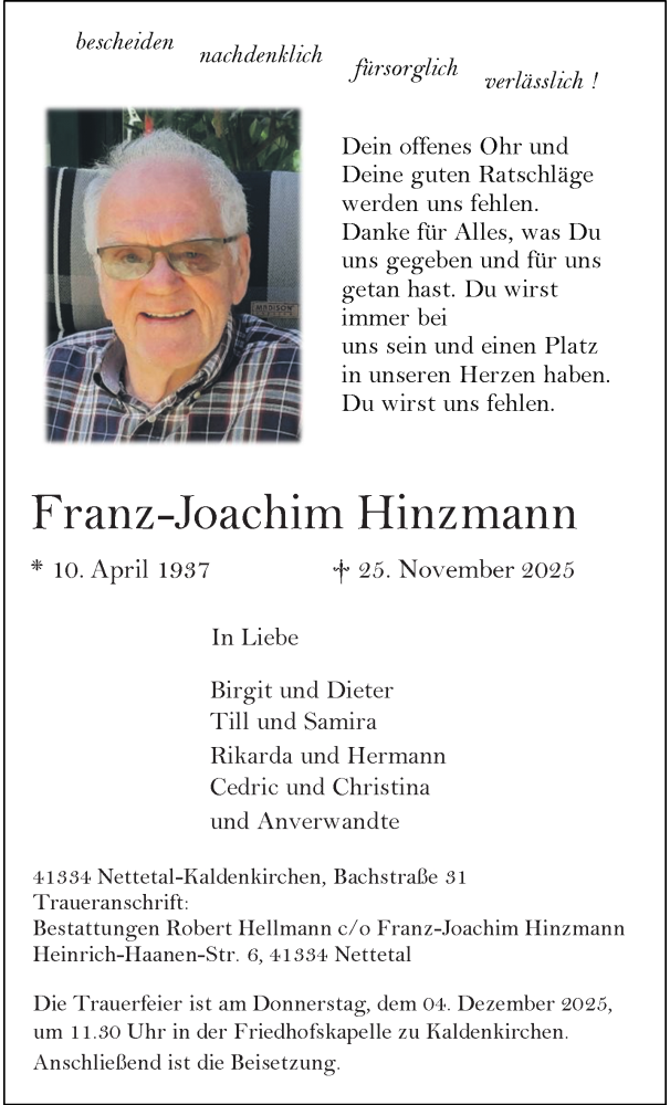  Traueranzeige für Franz-Joachim Hinzmann vom 30.11.2025 aus trauer.panorama-anzeigenblatt.de