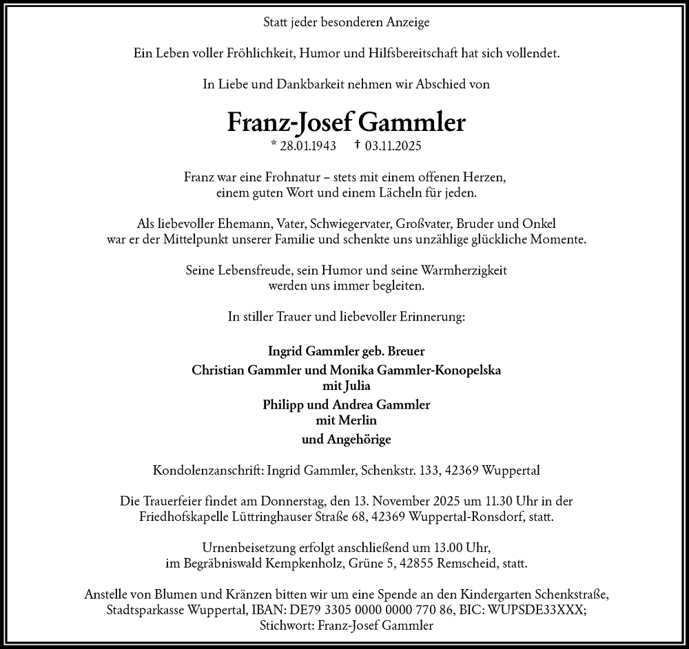  Traueranzeige für Franz-Josef Gammler vom 08.11.2025 aus trauer.wuppertaler-rundschau.de
