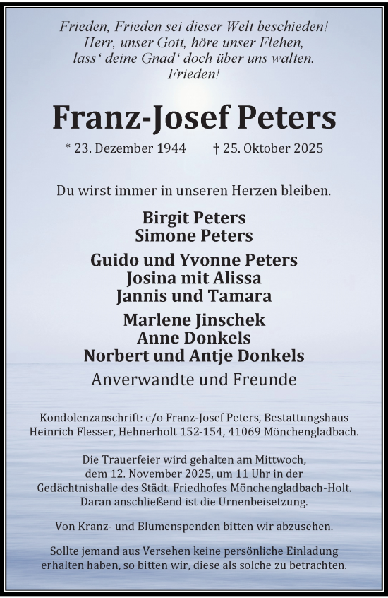 Traueranzeige von Franz-Josef Peters von trauer.panorama-anzeigenblatt.de