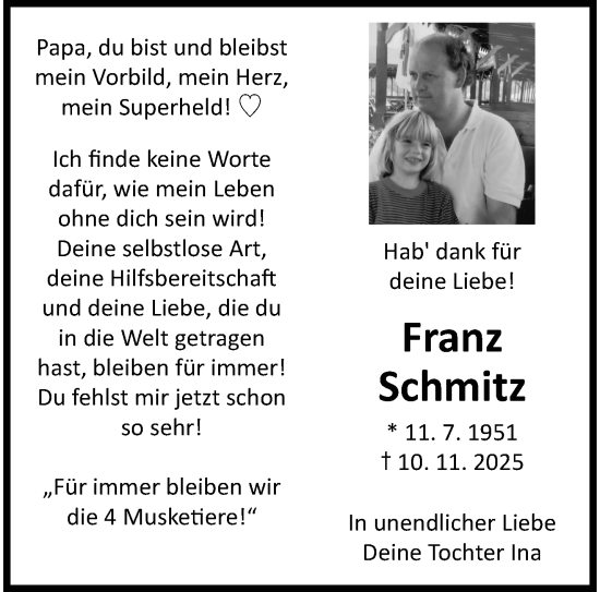 Traueranzeige von Franz Schmitz von trauer.panorama-anzeigenblatt.de