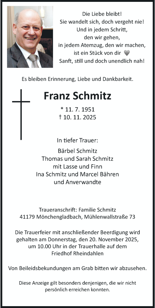 Traueranzeige von Franz Schmitz von trauer.panorama-anzeigenblatt.de