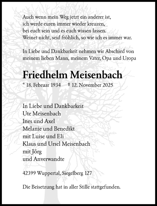 Traueranzeige von Friedhelm Meisenbach von trauer.wuppertaler-rundschau.de