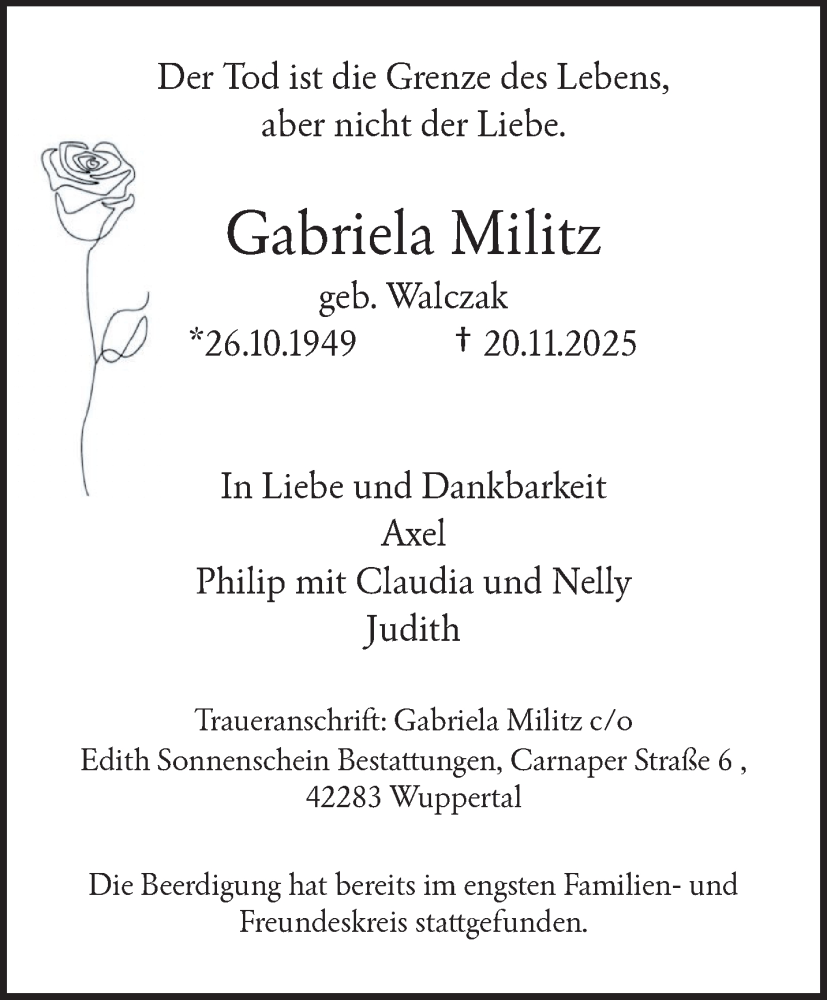 Traueranzeige für Gabriela Militz vom 29.11.2025 aus trauer.wuppertaler-rundschau.de