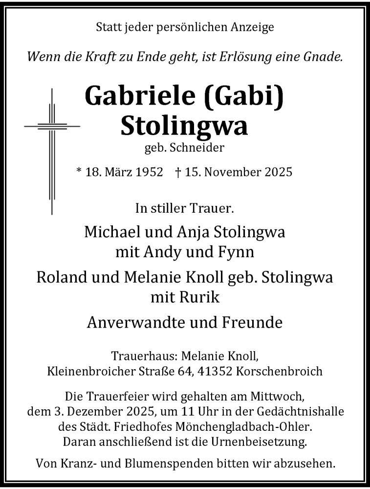  Traueranzeige für Gabriele Stolingwa vom 23.11.2025 aus trauer.panorama-anzeigenblatt.de