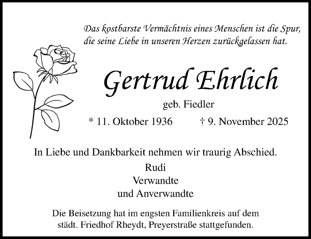  Traueranzeige für Gertrud Ehrlich vom 16.11.2025 aus trauer.panorama-anzeigenblatt.de
