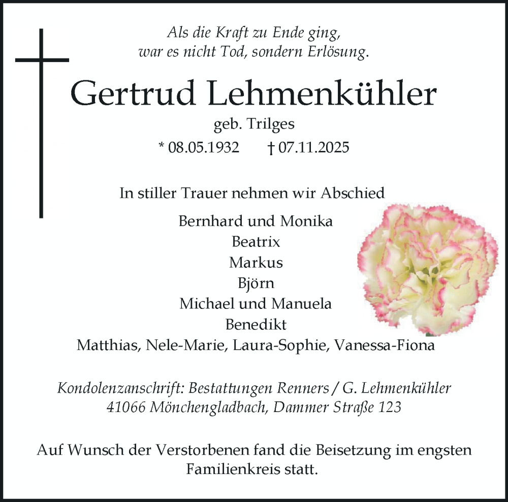  Traueranzeige für Gertrud Lehmenkühler vom 30.11.2025 aus trauer.panorama-anzeigenblatt.de