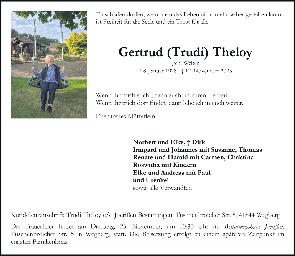  Traueranzeige für Gertrud Theloy vom 23.11.2025 aus trauer.panorama-anzeigenblatt.de