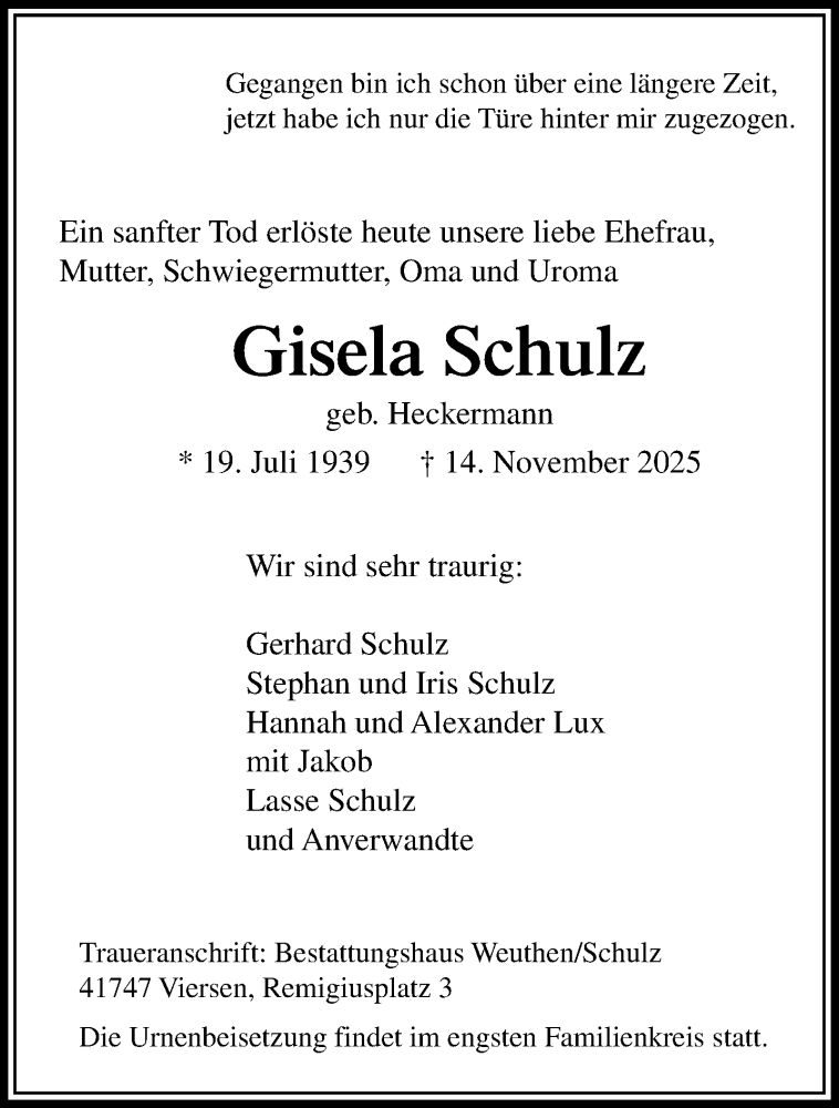  Traueranzeige für Gisela Schulz vom 23.11.2025 aus trauer.panorama-anzeigenblatt.de