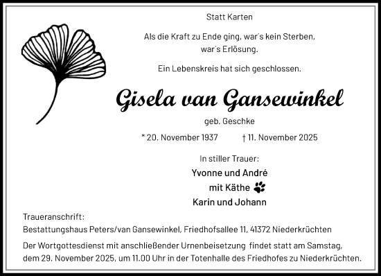 Traueranzeige von Gisela van Gansewinkel von trauer.panorama-anzeigenblatt.de