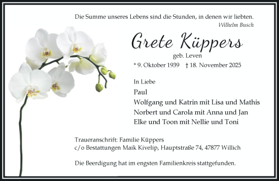 Traueranzeige von Grete Küppers von trauer.panorama-anzeigenblatt.de