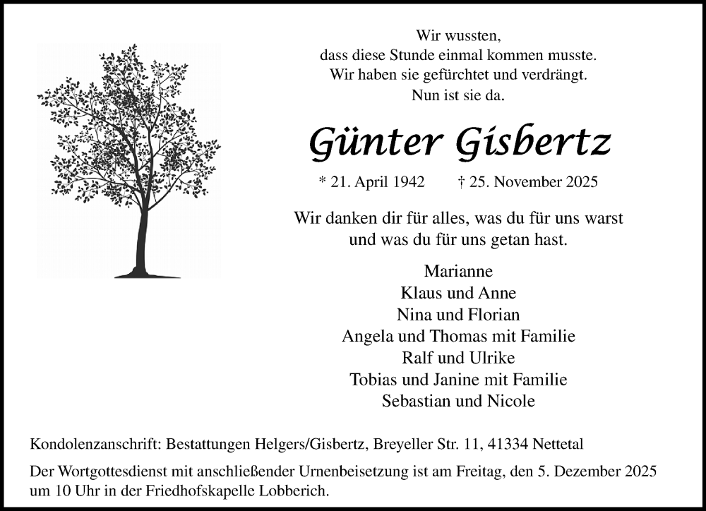  Traueranzeige für Günter Gisbertz vom 30.11.2025 aus trauer.panorama-anzeigenblatt.de