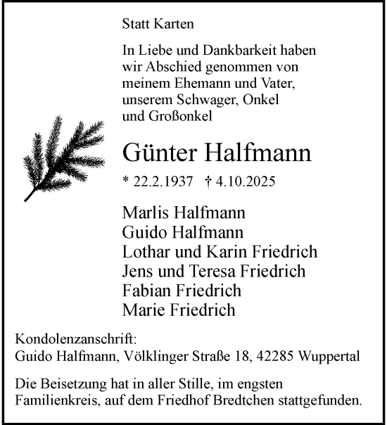 Traueranzeige von Günter Halfmann von trauer.wuppertaler-rundschau.de