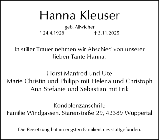 Traueranzeige von Hanna Kleuser von trauer.wuppertaler-rundschau.de