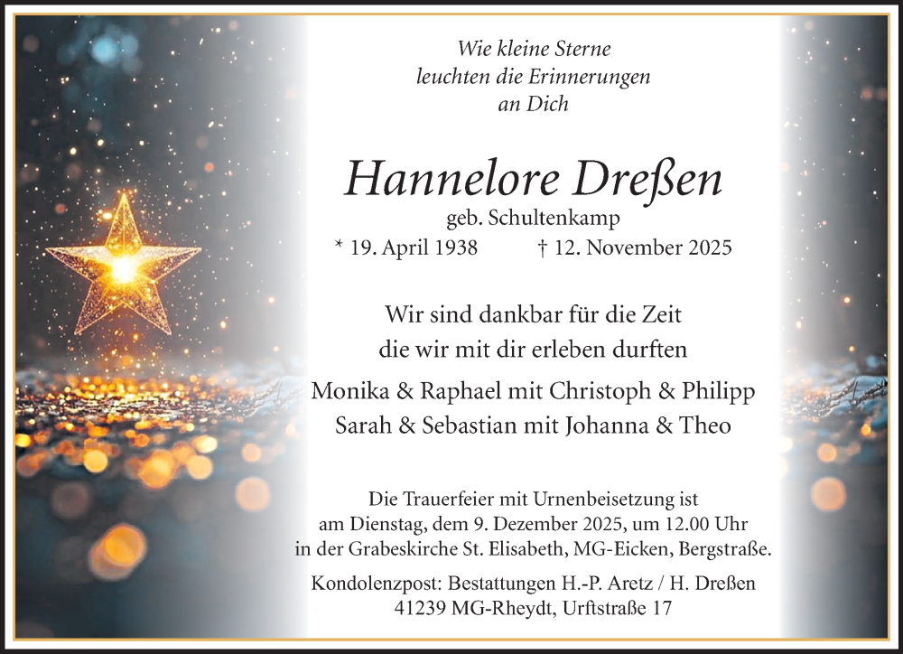  Traueranzeige für Hannelore Dreßen vom 30.11.2025 aus trauer.panorama-anzeigenblatt.de