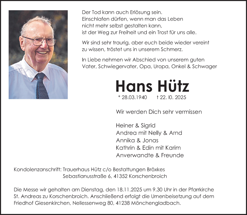  Traueranzeige für Hans Hütz vom 09.11.2025 aus trauer.panorama-anzeigenblatt.de