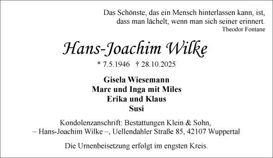 Traueranzeige von Hans-Joachim Wilke von trauer.wuppertaler-rundschau.de