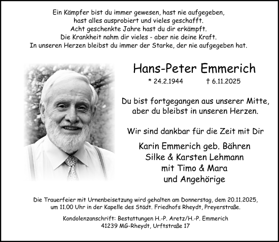 Traueranzeige von Hans-Peter Emmerich von trauer.panorama-anzeigenblatt.de