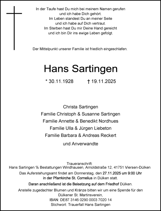 Traueranzeige von Hans Sartingen von trauer.panorama-anzeigenblatt.de