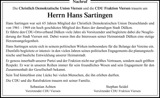 Traueranzeige von Hans Sartingen von trauer.panorama-anzeigenblatt.de